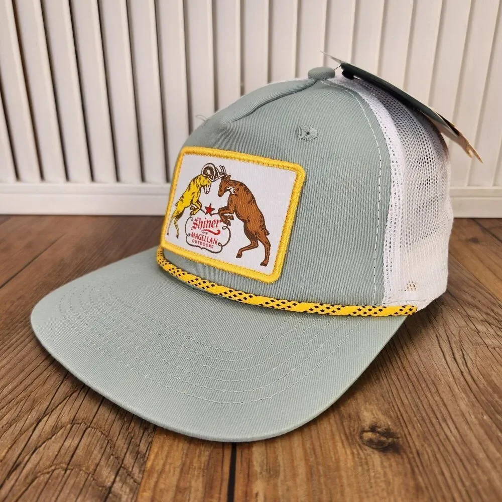 Magellan Outdoors Shiner Beer Snapback Trucker Hat Cap Green Yellow Patch Rope